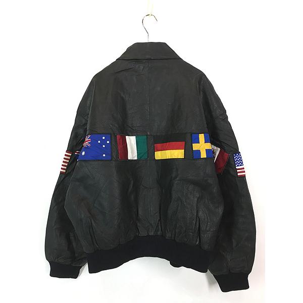 古着 90s Wilsons 万国旗 フラッグ パッチ 本革 オール レザー 襟付き