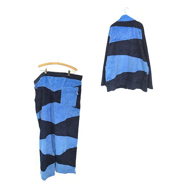 古着 00s JAFARI 紺×水色 バイカラー 光沢 ベロア ジャージ トップ