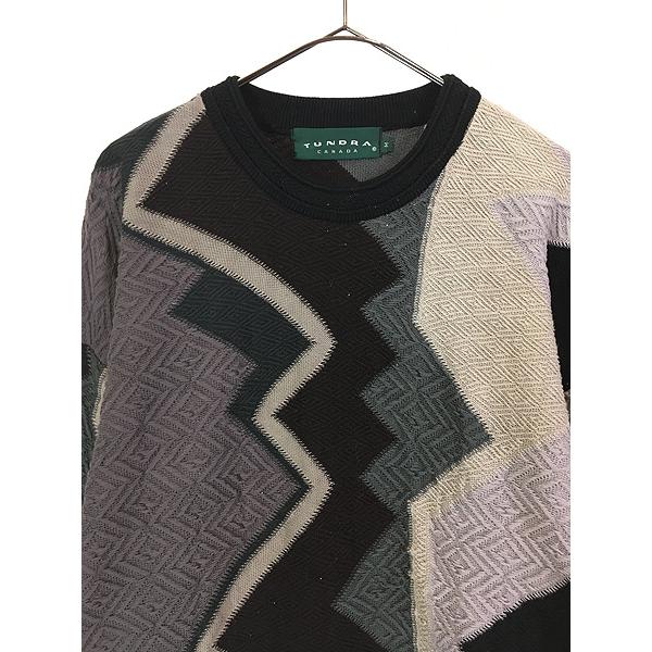 古着 90s Canada製 TUNDRA ダイヤ マルチ アート コットン ニット