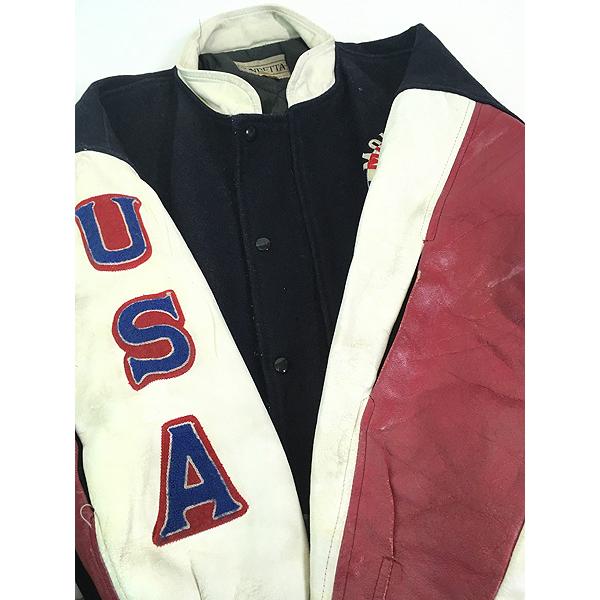 古着 90s MONDETTA 「USA」 星条旗 フラッグ ウール × 本革 レザー スタジャン ジャケット M位 古着 古着 90s MONDETTA 「USA」 星条旗 フラッグ ウール × 本革 レザー