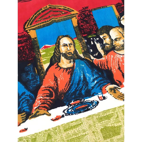 雑貨 古着 トルコ製 絵画 「最後の晩餐」 光沢 ベロア ラグ