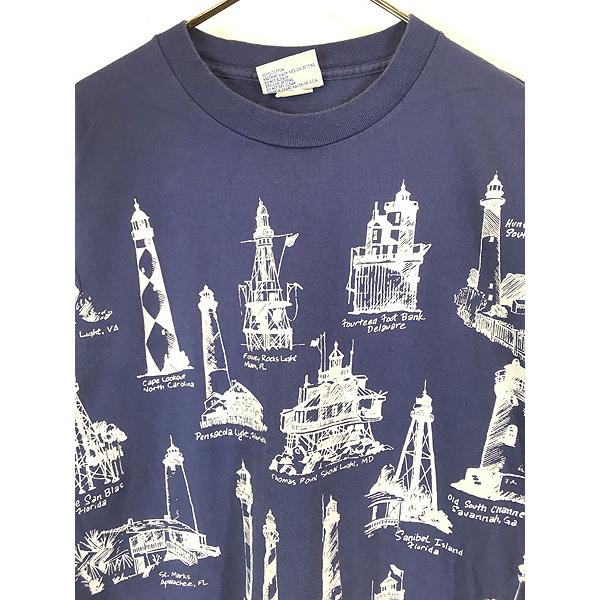 古着 90s USA製 Michigan Rag 灯台 建物 マルチ アート Tシャツ XL