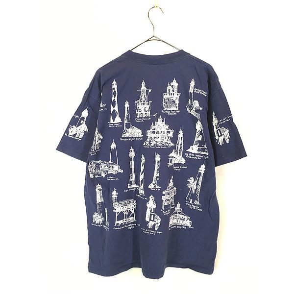 80s~90s MICHIGAN RAG USA製 貝 総柄 希少 半袖シャツ 古着 90s USA製 Michigan Rag 灯台 建物 マルチ アート Tシャツ XL