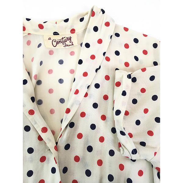 レディース 古着 60s a Century Frock 赤×紺 ドット ショールカラー 半袖 レーヨン ワンピース ミディアム丈 S位 古着 レディース 古着 60s a Century Frock 赤×紺 ドット ショールカラー