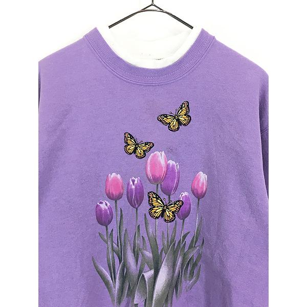 古着 ビンテージ 90s 蝶 バタフライ 花柄 スウェット トレーナー ピンク レディース 古着 90s top stitch 花 チューリップ 蝶々 プリント