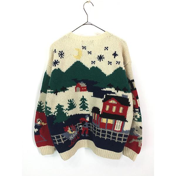 レディース 古着 80s Eddie Bauer 聖なる夜 雪景色 ソリ 総柄 ウール