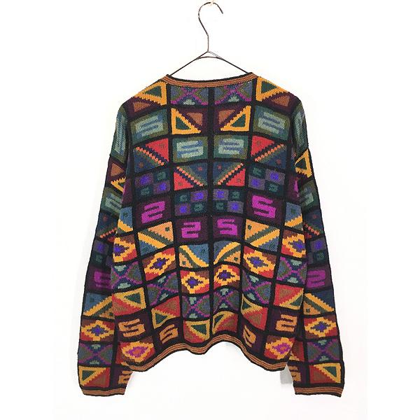 レディース 古着 80s カラフル ネオン スクエア 長編み模様 デザイン