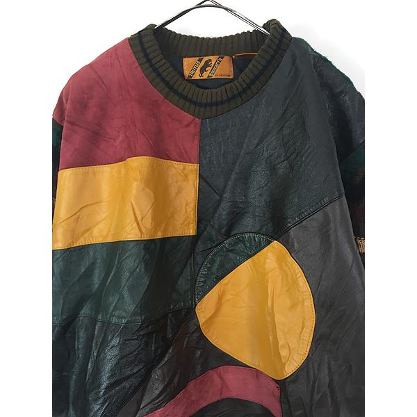 古着 90s TRUTUS 本革 レザー 図形 アート アクリル ニット セーター