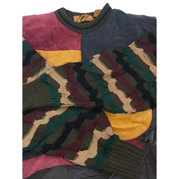 古着 90s TRUTUS 本革 レザー 図形 アート アクリル ニット セーター