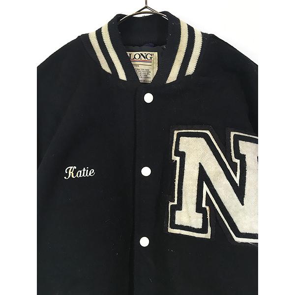 古着 90s USA製 DeLON 「N」 レタード 本革 レザー袖 メルトン ウール