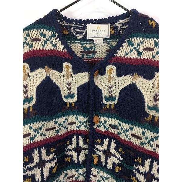 古着 90s EXPRESS TRICOT 手つなぎ 人 モチーフ ネイティブ パターン