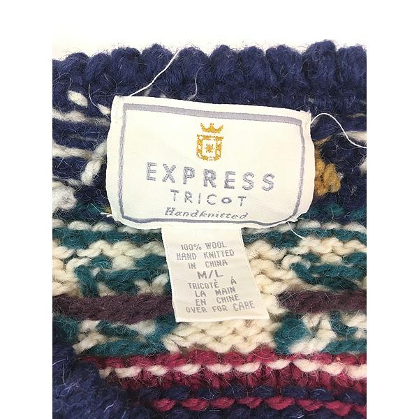 古着 90s EXPRESS TRICOT 手つなぎ 人 モチーフ ネイティブ パターン