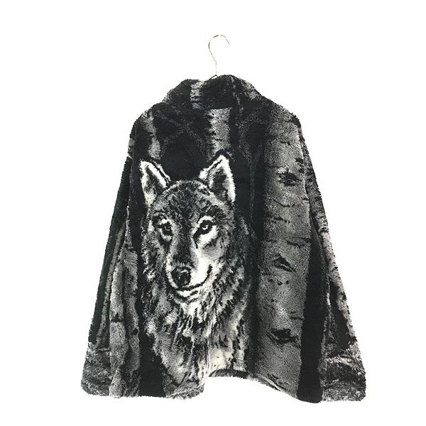 古着 90s USA製 BLACK MOUNTAIN オオカミ ウルフ 総柄 フリース