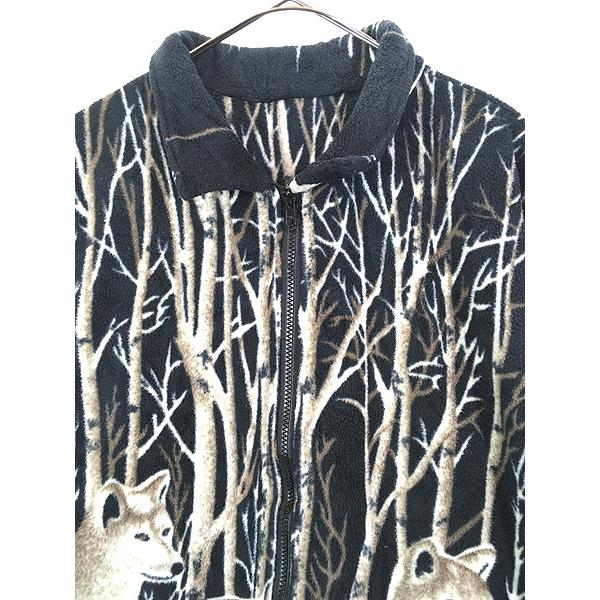 古着 オオカミ ウルフ 総柄 襟付き フリース ジャケット XXL位 : 古着