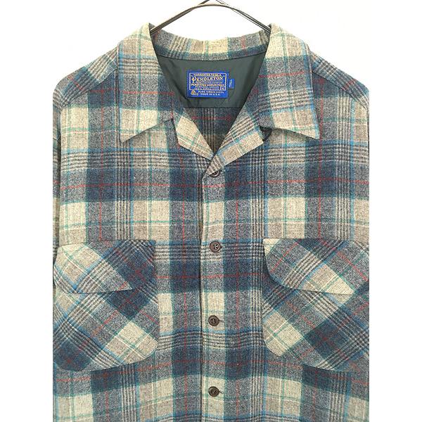 古着 70s USA製 Pendleton ブルー チェック 開襟 ボックス ウール