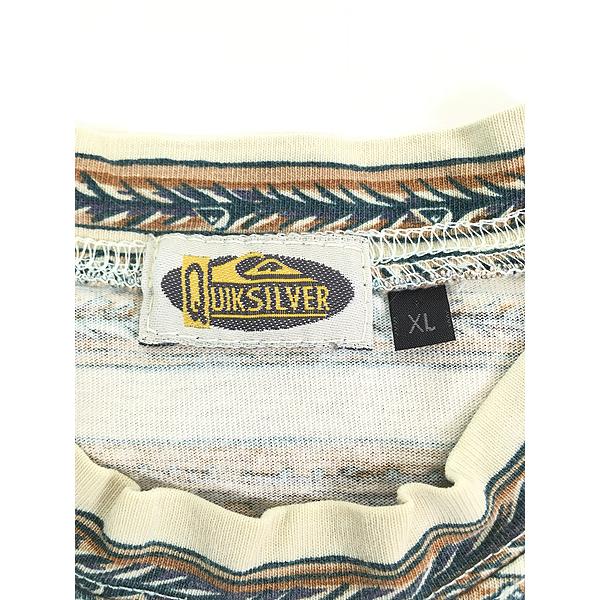 古着 90s Quik Silver 波 ロゴ マルチ ボーダー オールド サーフ T