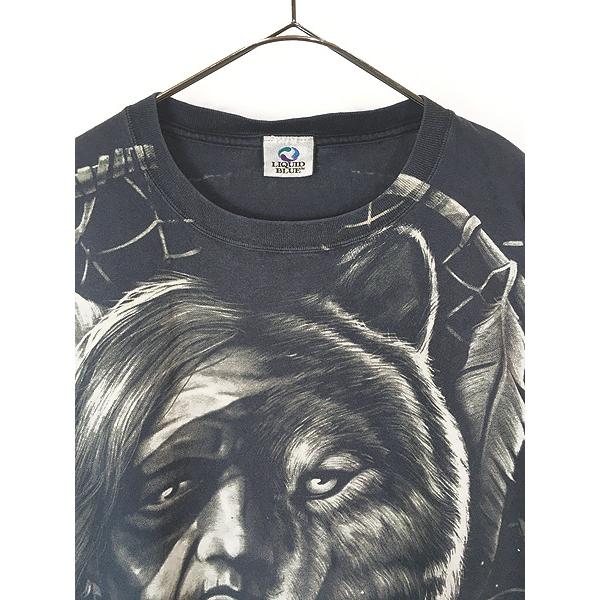 古着 90s LIQUID BLUE インディアン ウルフ イーグル オールオーバー T