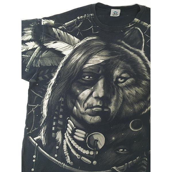 古着 90s LIQUID BLUE インディアン ウルフ イーグル オールオーバー T