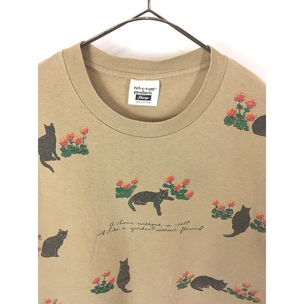 古着 90s USA製 rel e vant products 猫 ネコちゃん フラワー アート T