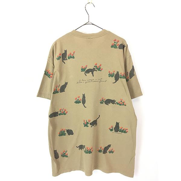 古着 90s USA製 rel e vant products 猫 ネコちゃん フラワー アート T