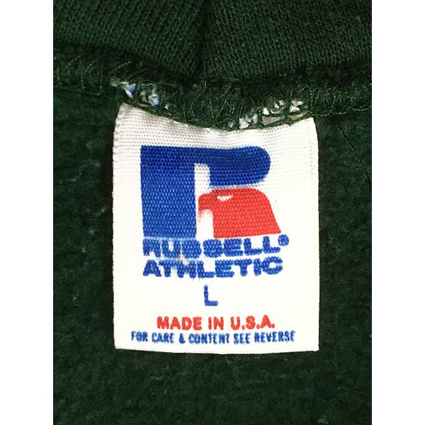 古着 80s USA製 Russell 「esf」 フラワー フロッキー セットイン スウェット パーカー グリーン L 古着 80s USA製 Russell 「esf」 フラワー フロッキー セットイン