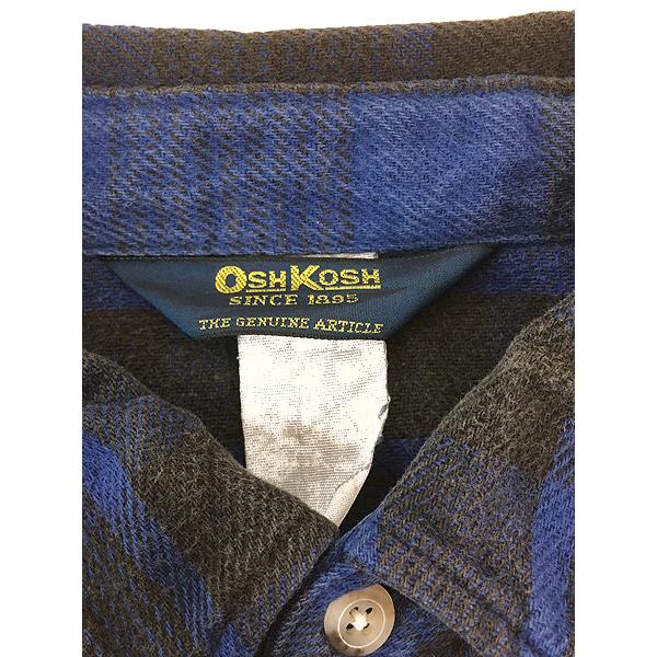 古着 80s Oshkosh B'gosh ブルー × ブラック バッファロー チェック ヘビー フランネル シャツ ヘビネル XL位 古着 80s Oshkosh B'gosh ブルー × ブラック バッファロー チェック