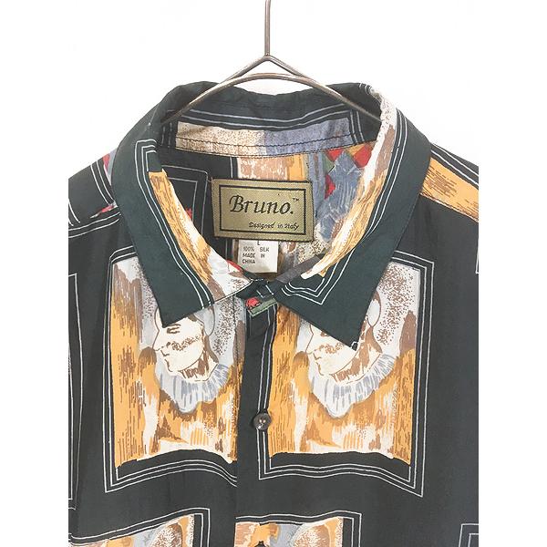 古着 90s Bruno 抽象画 アート 総柄 100% シルク 半袖 シアー シャツ L 