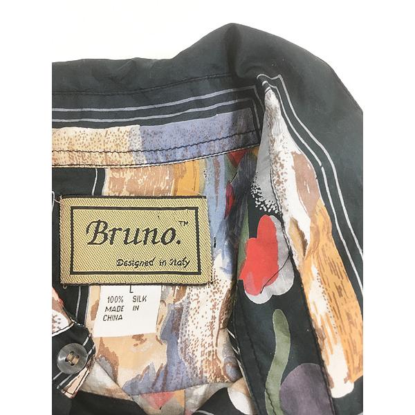 古着 90s Bruno 抽象画 アート 総柄 100% シルク 半袖 シアー シャツ L 