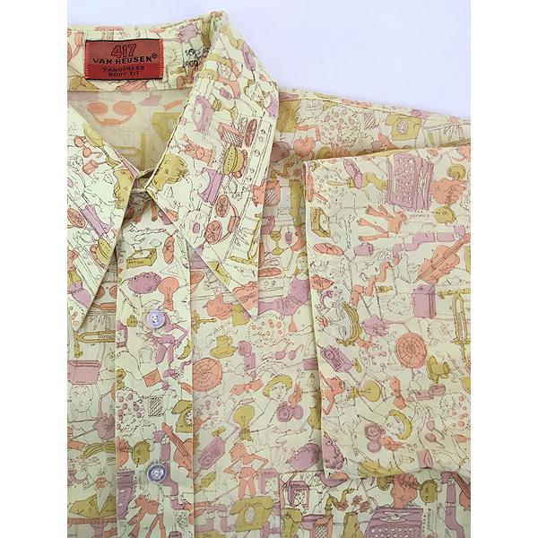 レディース 古着 70s 417 VAN HEUSEN 手書き風 マルチ アート 総柄