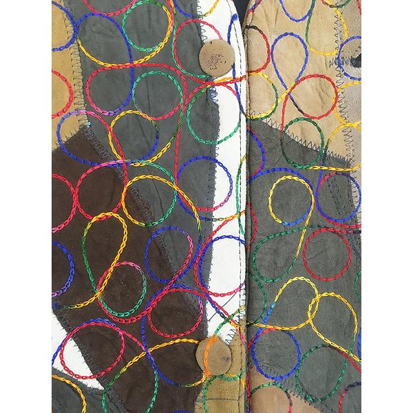 レディース 古着 本革 カラフル チェーンステッチ パッチワーク