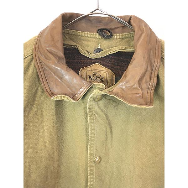 古着 90s USA製 WoolRich 本革 レザー襟 オリーブ ダック ハンティング