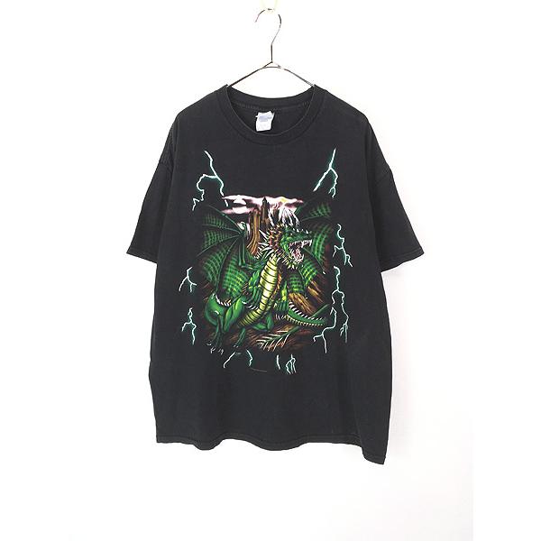 古着 90s USA THUNDER 豪華 ドラゴン グリーン サンダー Tシャツ XL
