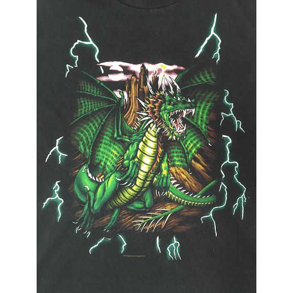 古着 90s USA THUNDER 豪華 ドラゴン グリーン サンダー Tシャツ XL