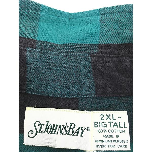 古着 90s St John's Bay グリーン × ブラック ブロック チェック ヘビー フランネル シャツ ヘビネル 2XL-BIG TALL 古着 90s St John's Bay グリーン × ブラック ブロック チェック
