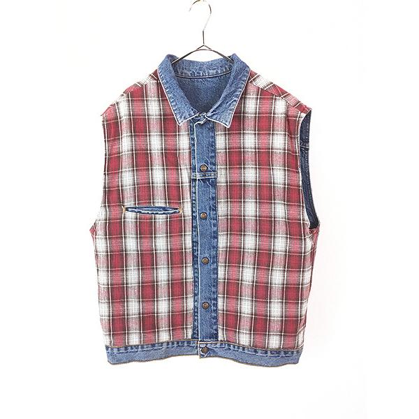 古着 90s USA製 Levi's 70594-4849 チェック × デニム リバーシブル トラッカー ベスト Gジャン M 古着 90s Levi's 70594-4849 チェック × デニム リバーシブル