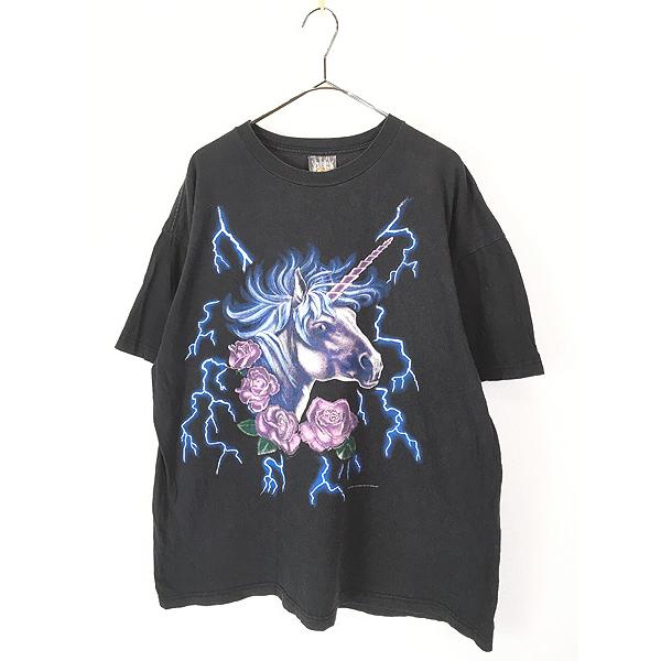 古着 90s USA THUNDER ユニコーン バラ ブルー サンダー Tシャツ XL