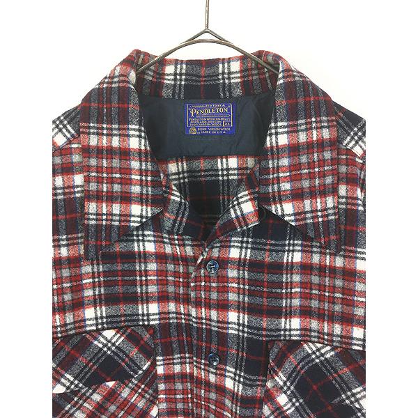 古着 70s USA製 Pendleton ホワイト×レッド×ネイビー チェック 開襟