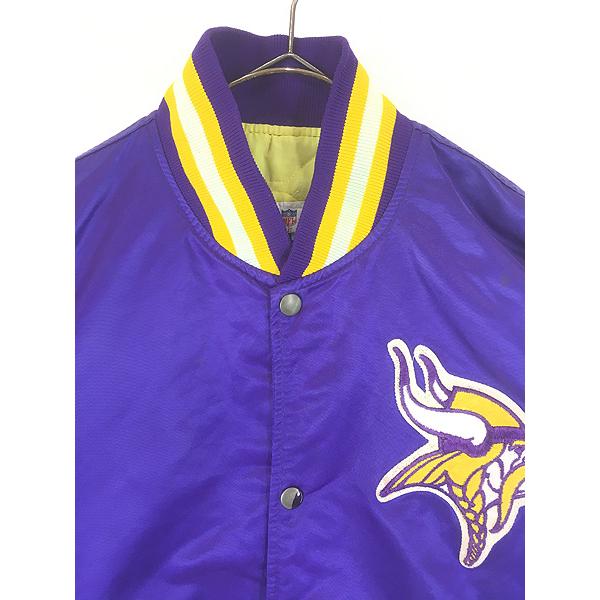古着 80s USA製 STARTER NFL Minnesota Vikings バイキングス 光沢 サテン スタジャン ジャケット L_1
