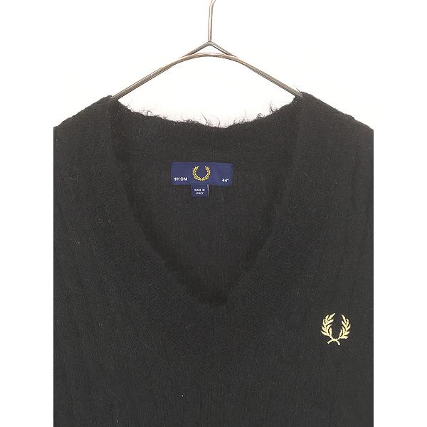 古着 Italy製 FRED PERRY ケーブル編み Vネック ブラック モヘア