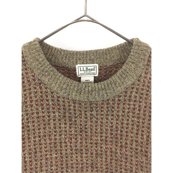 古着 00s LL Bean カーキ×レッド バーズアイ ヘビー ウール ニット