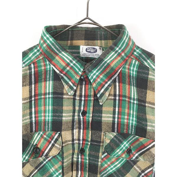 希少 70s USA製 Mr.Leggs ヘビーネル バッファローチェックL黒緑 古着 70s USA製 Mr Leggs グリーン チェック ヘビー フランネル シャツ