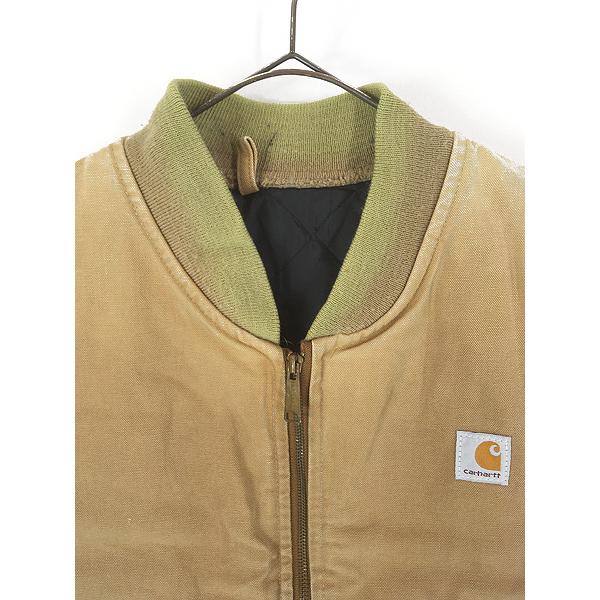 古着 Carhartt フェード ブラウン ダック 首リブ パデット ベスト XL位 腰ゴム 古着 古着 80s USA製 Carhartt フェード ブラウン ダック 首リブ パデット