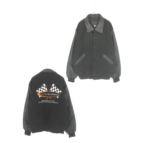古着 90s USA製 HEAVY DUTY フラッグ 刺しゅう 本革 レザー袖 メルトン 