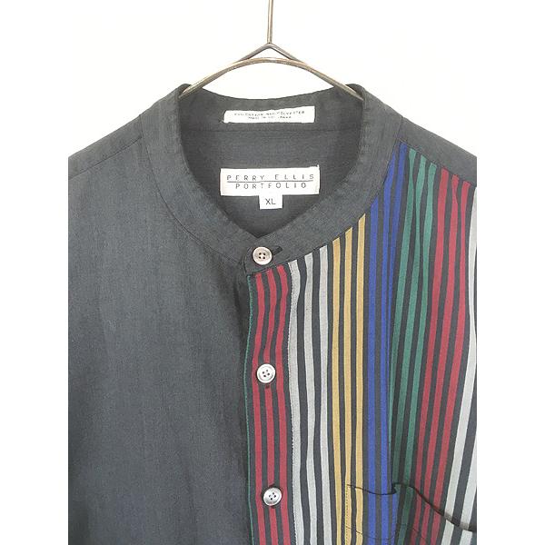 古着 90s PERRY ELLIS 図形 マルチ ストライプ コットン バンドカラー