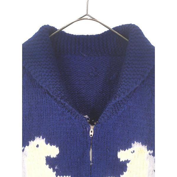 古着 60-70s 白馬 ウマ 総柄 ショールカラー ローゲージ ウール ニット