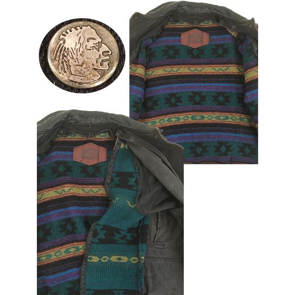 古着 90s USA製 WoolRich 本革 レザー襟 ブラック デニム ハンティング