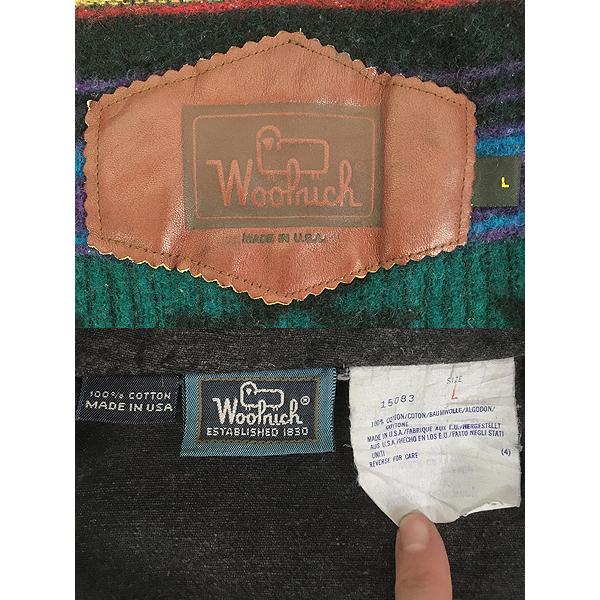 古着 90s USA製 WoolRich 本革 レザー襟 ブラック デニム ハンティング