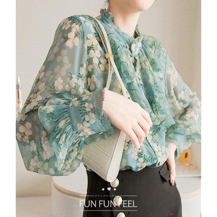 ブラウス レディース 40代 春夏秋新作 オシャレブラウス 花柄シフォンシャツ 長袖トップス フレア パフスリーブブラウス 大人 通勤 ゆったり 人気定番の