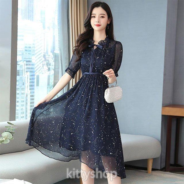 ネイビー ワンピース 夏 30代 40代 紺色 Aラインワンピース 星柄 オシャレ キレイめ シフォンドレス パーティードレス 二次会 お呼ばれ Dragon Store Kitsud ドラゴンストア 通販 Yahoo ショッピング