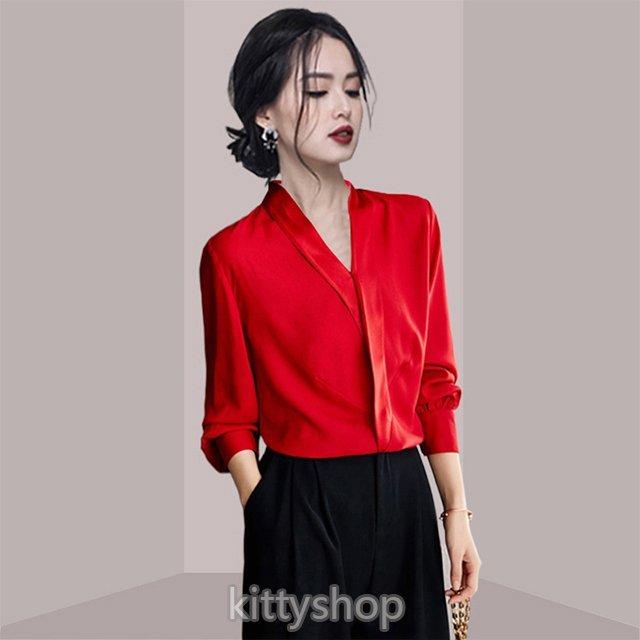 赤 シャツ レディース パフスリーブ オシャレ 長袖シャツ Vネック 春秋 新作 無地 サテン シャツ 通勤 Ol ブラウス 30代 長袖 トップス Dragon Store Kitsud ドラゴンストア 通販 Yahoo ショッピング